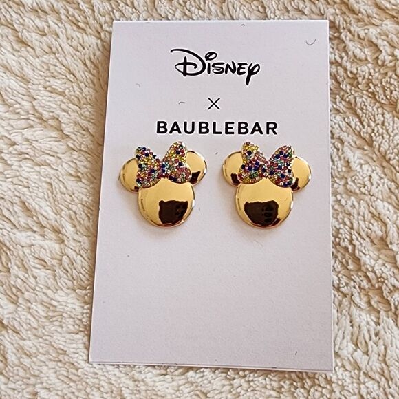 NEW Disney X Baublebar Gold Rainbow Rhinestone Minnie Mouse Earrings - Picture 1 of 5